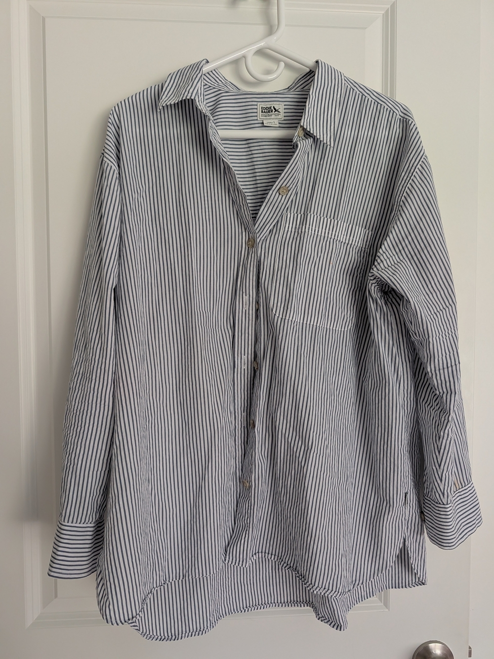 Eddie Bauer Navy and White Narrow-Striped Button Down Shirt